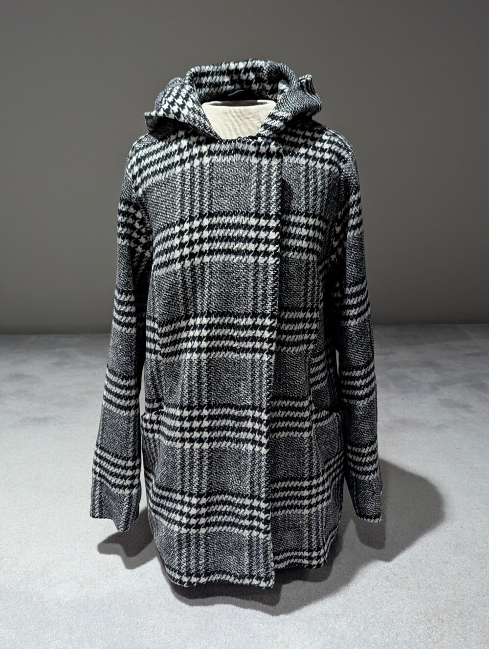 Maxwell Studio Black And White Plaid Peacoat Jacket With Hood